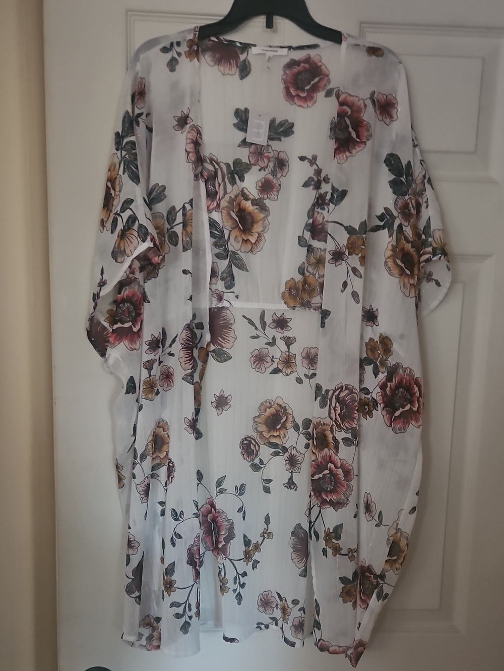 Floral Sheer Kimono Cover-Up in White with Pink & Mustard Flowers
